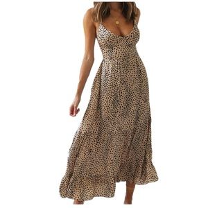 Women's Sexy Leopard Print Slip Dress Boho Spaghetti Strap Beach Maxi size Small